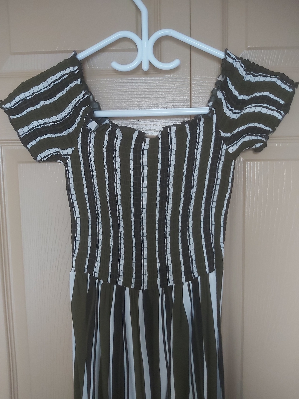 Streetwear Society Olive, Black and White Striped Off-Shoulder Jumpsuit